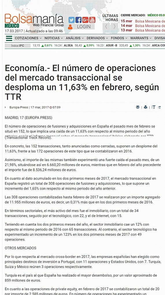 El nmero de operaciones del mercado transaccional se desploma un 11,63% en febrero, segn TTR